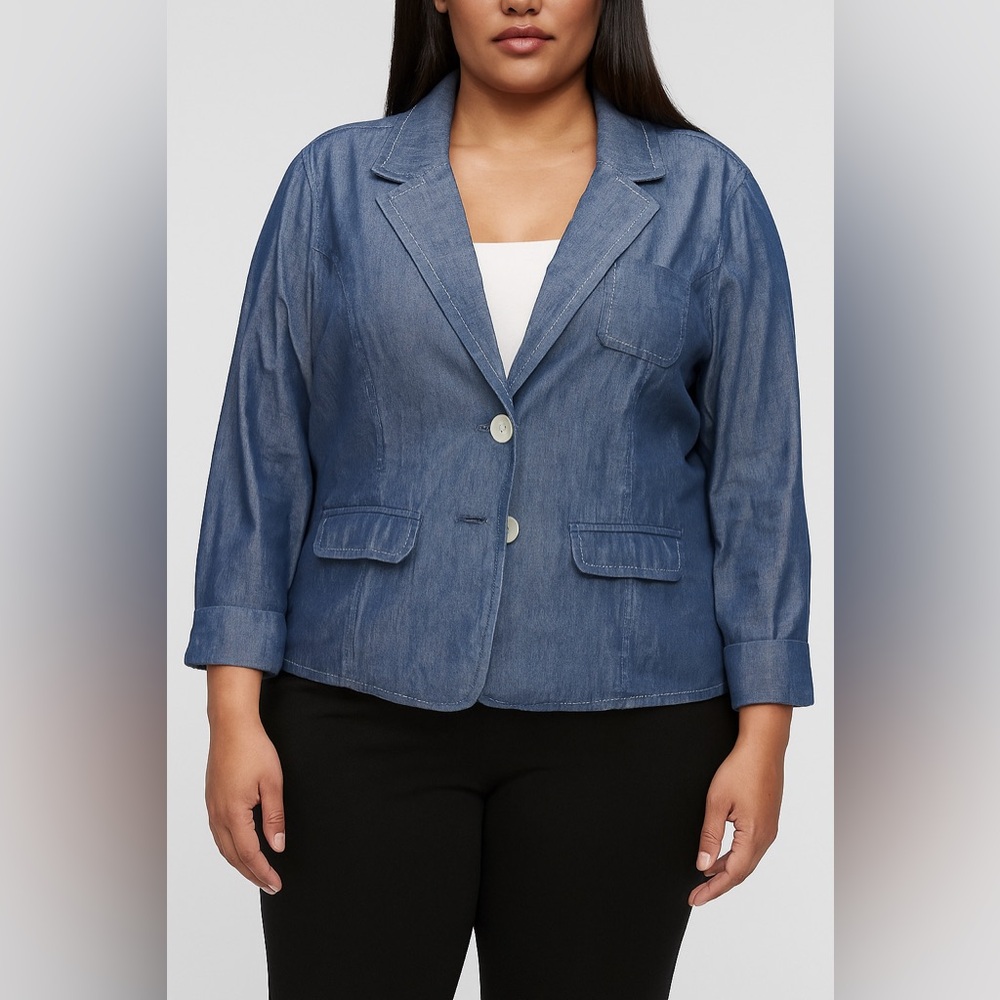 Charter Club Women's Light Blue Denim Blazer SZ 16W white stitching detail GUC - Picture 10 of 10